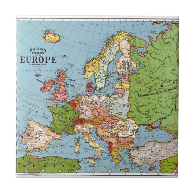 Vintage Europe 20th Century General Map Ceramic Tile (Front)