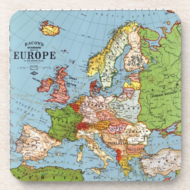 Vintage Europe 20th Century General Map Lithograph Coaster (Front)