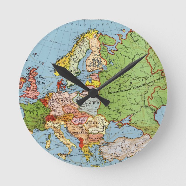 Vintage Europe 20th Century General Map Round Clock (Front)