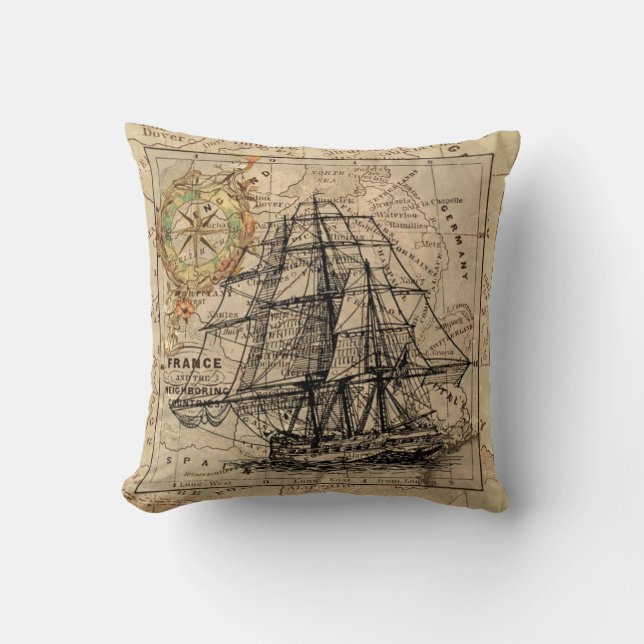 Vintage Europe Old Navigation Nautical Map Cushion (Front)