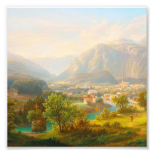 Vintage European Alpine Village River Oil Painting Photo Print