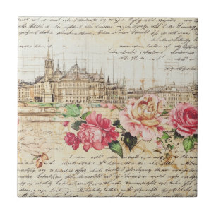 Vintage European Architecture & Roses Art Print Ceramic Tile