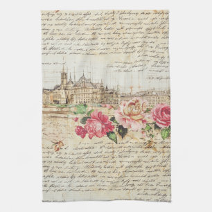Vintage European Architecture & Roses Art Print Tea Towel