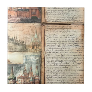 Vintage European Cityscape with Antique Script Art Ceramic Tile