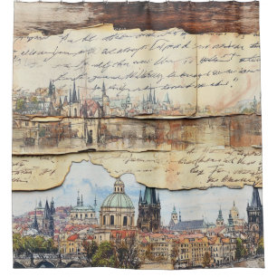 Vintage European Cityscape with Handwritten Letter Shower Curtain