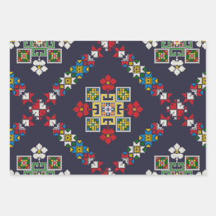 Vintage European Folk Art Embroidery Pattern Wrapping Paper Sheet