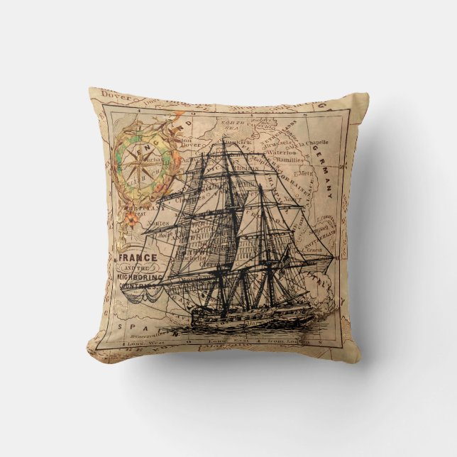 VINTAGE EUROPEAN MAP & SHIP CUSHION (Front)