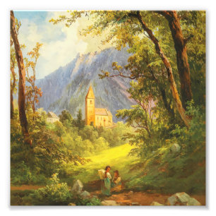 Vintage European Mountain Church Oil Painting Photo Print