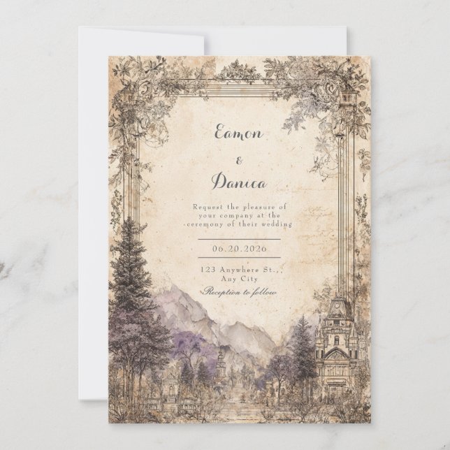 Vintage European Mountain Landscape Wedding Invitation (Front)
