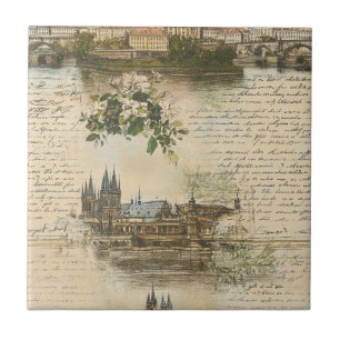 Vintage European River Scene - Handwritten Script Ceramic Tile