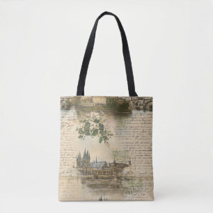 Vintage European River Scene - Handwritten Script Tote Bag