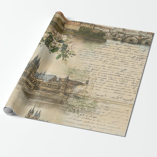 Vintage European River Scene - Handwritten Script Wrapping Paper (Unrolled)