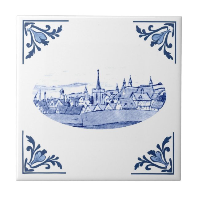 Vintage European Town Delft Blue & White Ceramic Tile (Front)