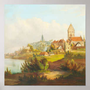 Vintage European Town River Antique Oil Painting Poster