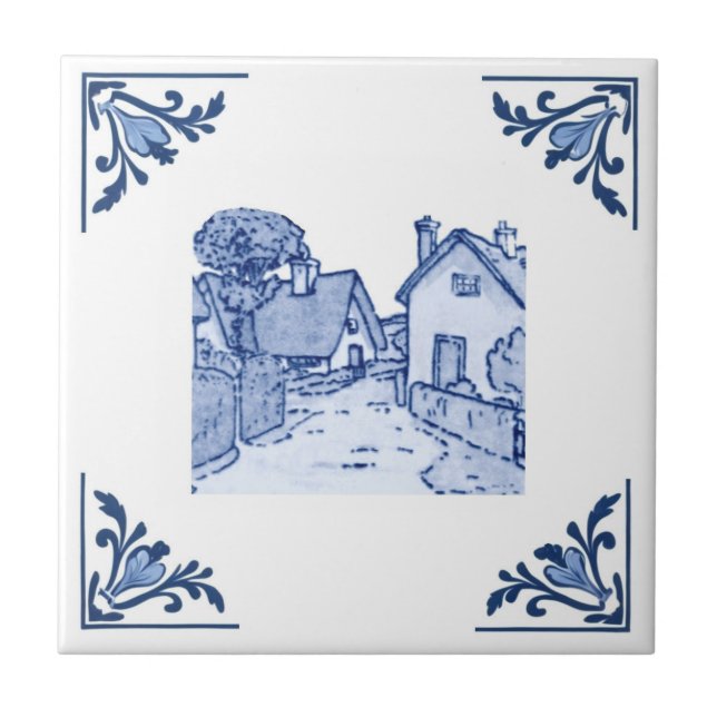 Vintage European Village Home Delft Blue & White Ceramic Tile (Front)