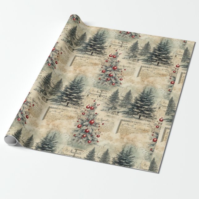Vintage Evergreen Tree Forest Wrapping Paper (Unrolled)