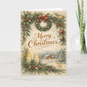 Vintage Evergreen Wreath Merry Christmas Holiday Card
