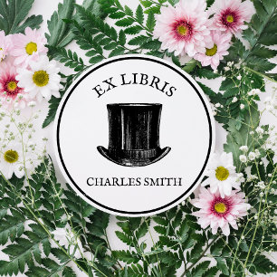 Vintage Ex Libris Top Hat Personal Book Plate Classic Round Sticker
