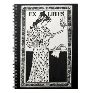 Vintage Ex Libris Woman Reading Art Nouveau Notebook