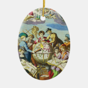 Vintage Explorers with Antique Globe Map, 1542 Ceramic Tree Decoration