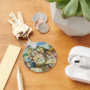 Vintage Explorers with Antique Globe Map, 1542 Key Ring