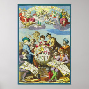 Vintage Explorers with Antique Globe Map, 1542 Poster