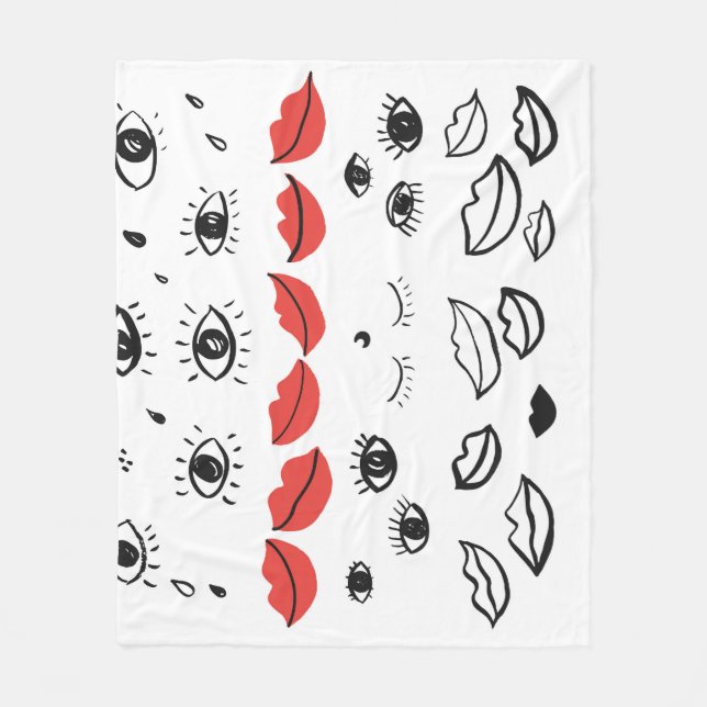 Vintage eyes, red lips pattern. fleece blanket (Front)