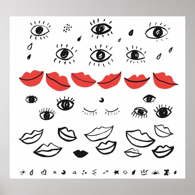 Vintage eyes, red lips pattern. poster (Front)