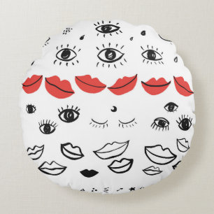 Vintage eyes, red lips pattern. round cushion