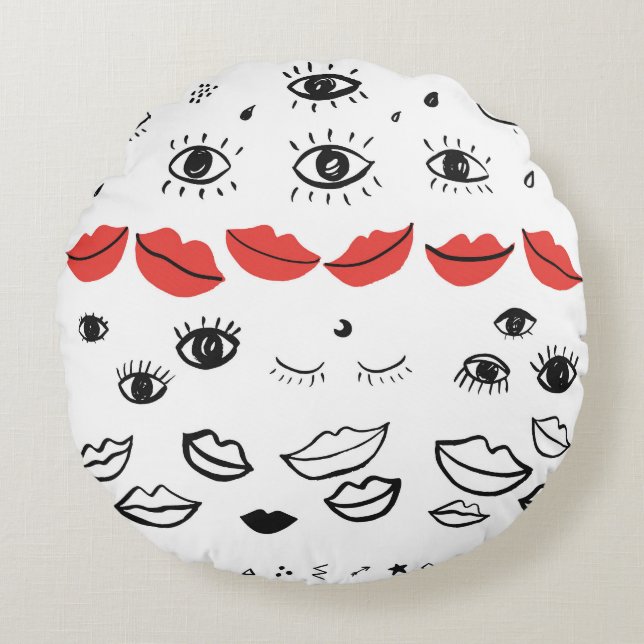 Vintage eyes, red lips pattern. round cushion (Front)