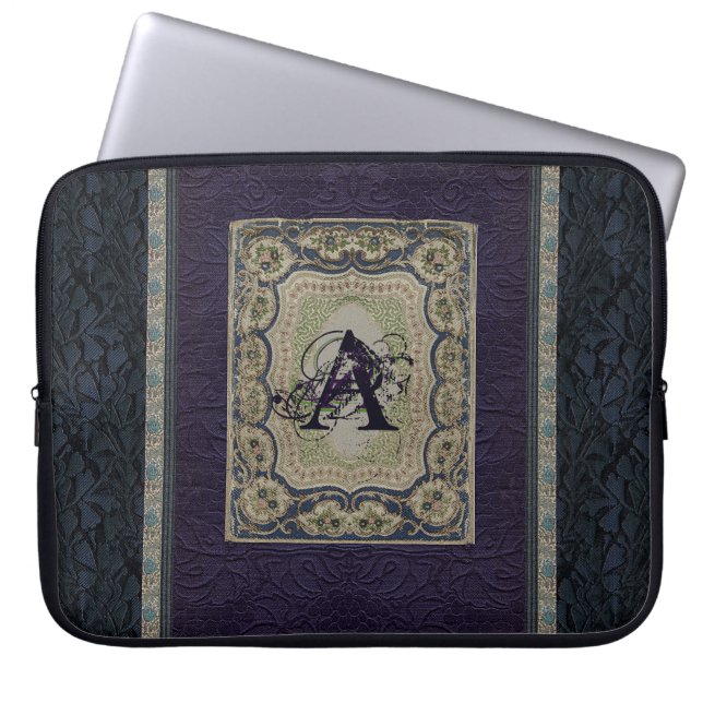 Vintage Fabric Book Design Monogrammed Laptop Sleeve (Front)