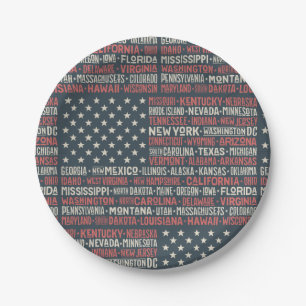 Vintage Faded American Flag State Names Words Art Paper Plate