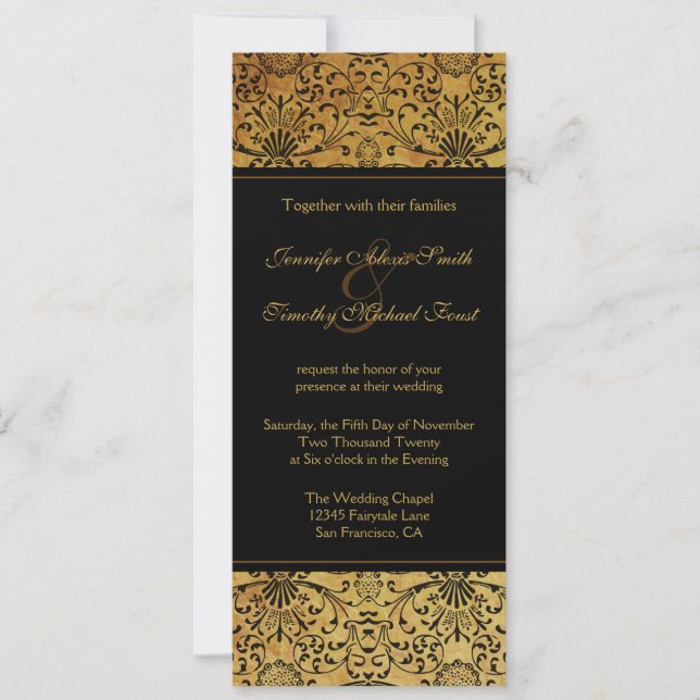 Vintage faded black gold damask wedding invitation (Front)