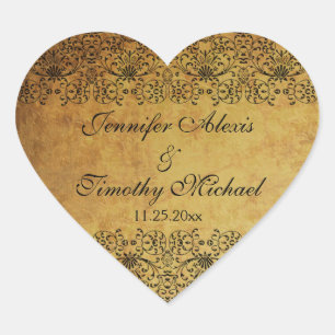 Vintage faded black gold damask wedding stickers