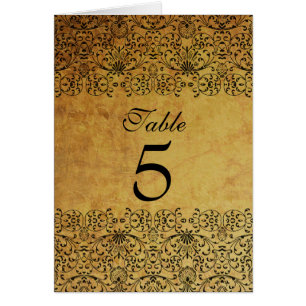 Vintage faded black gold damask wedding table card