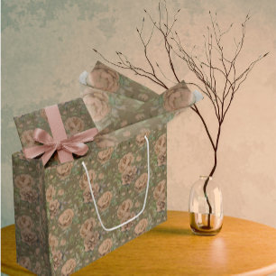 Vintage Faded Peachy Pink Roses Dusty Green Large Gift Bag