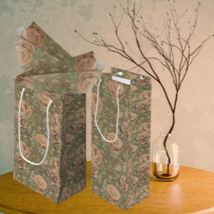 Vintage Faded Peachy Pink Roses Dusty Green Small Gift Bag