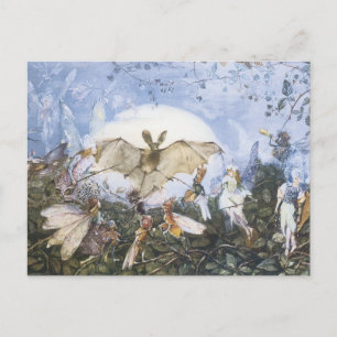 Vintage Fairies Attacking A Bat Postcard