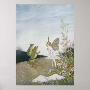 Vintage Fairy And Two Frogs, Retro Fairytales Poster