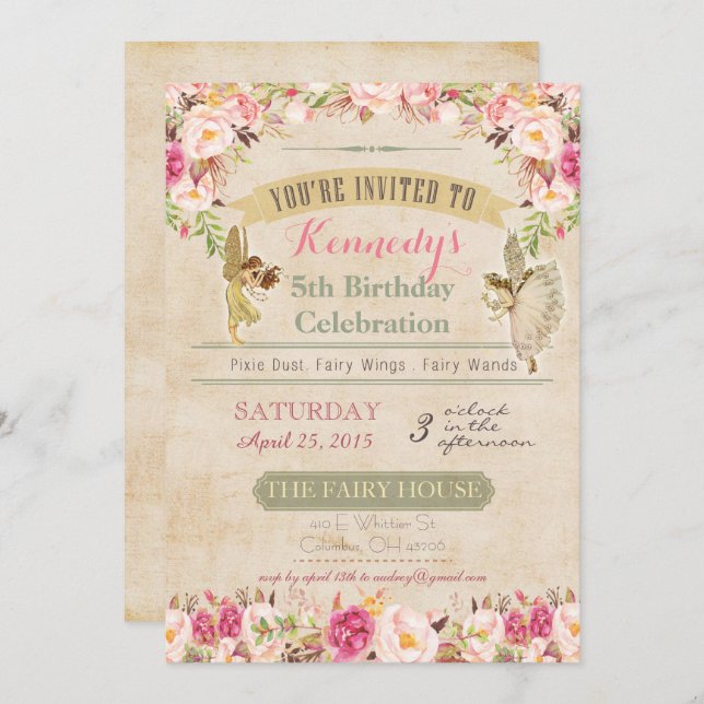 Vintage Fairy Birthday Invitation (Front/Back)