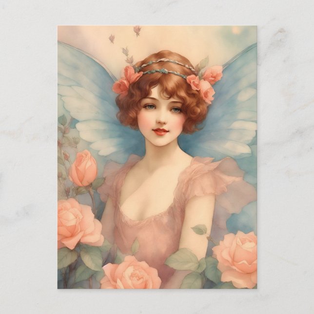 Vintage Fairy in Rose Garden Postcard (Front)