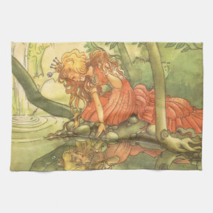 Vintage Fairy Tale, Frog Prince Princess by Pond Tea Towel