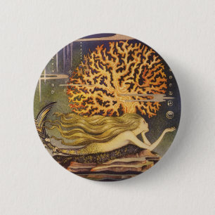 Vintage Fairy Tale, Little Mermaid in Ocean Coral 6 Cm Round Badge