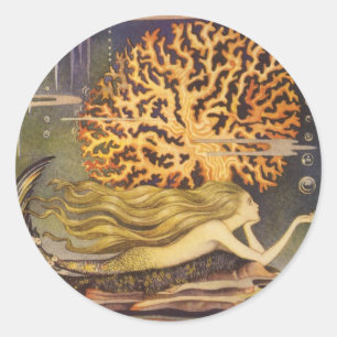 Vintage Fairy Tale, Little Mermaid in Ocean Coral Classic Round Sticker