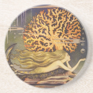 Vintage Fairy Tale, Little Mermaid in Ocean Coral Coaster