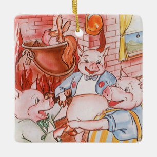 Vintage Fairy Tale Three Little Pigs and the Wolf Ceramic Tree Decoration