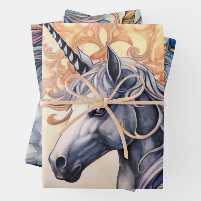 Vintage Fairy-tale Unicorn Watercolor  Wrapping Paper Sheet (In situ)