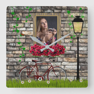 Vintage Fairytale Bicycle Roses Girly Photo Frame Square Wall Clock