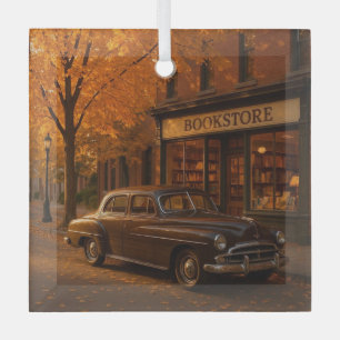 Vintage Fall/Autumn bookstore & car Glass Tree Decoration