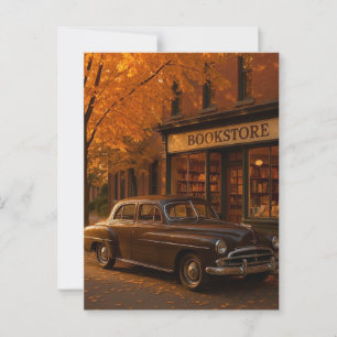 Vintage Fall/Autumn bookstore & car Postcard